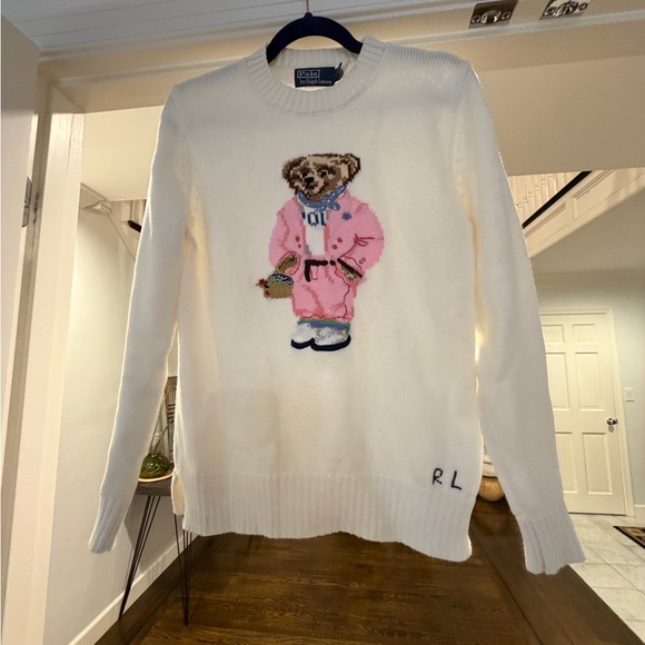 Ralph Lauren Cream Crewneck Sweater with Pink Bear Intarsia - Picture 6 of 6
